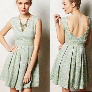 Anthropologie Paper Crown Parkside Tweed Pleated Mint Green/Gold Sparkly Dress